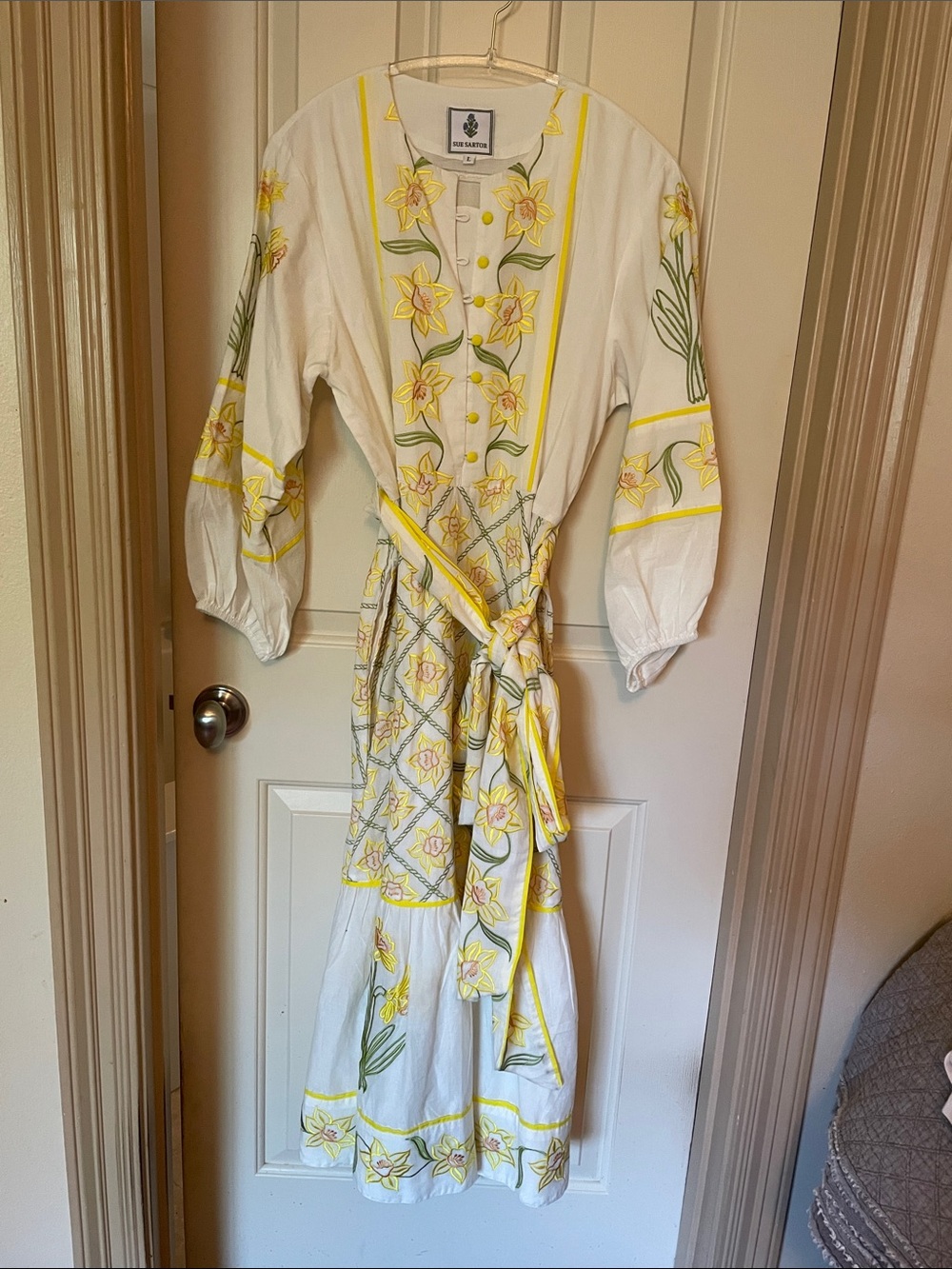 Embroidered White & Yellow Floral Midi Dress, has pockets
